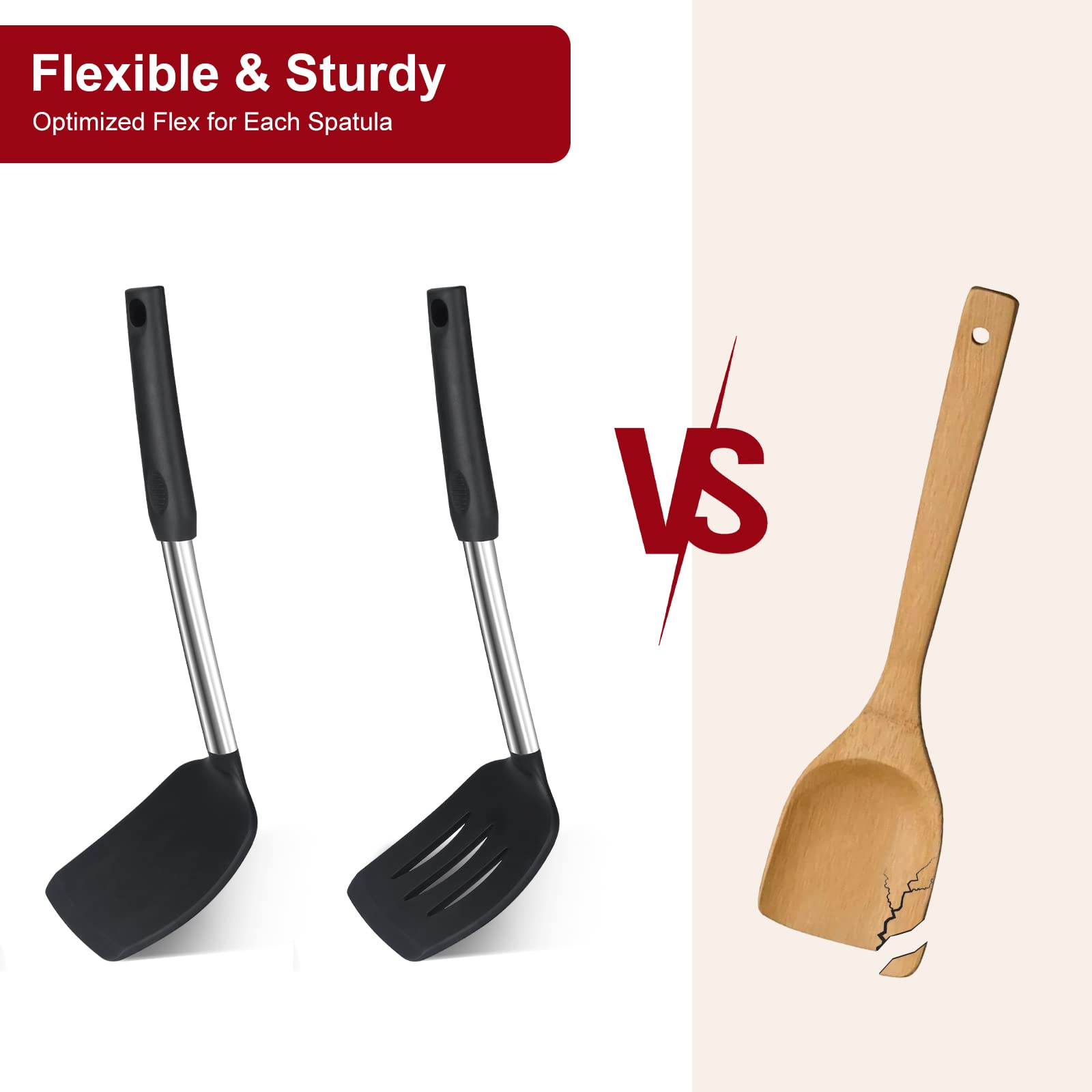 Silicone Spatula Turner Set, Premium Spatulas Silicone Heat Resistant Pack Of 2 Kitchen Spatula For Nonstick Cookware, Solid & S
