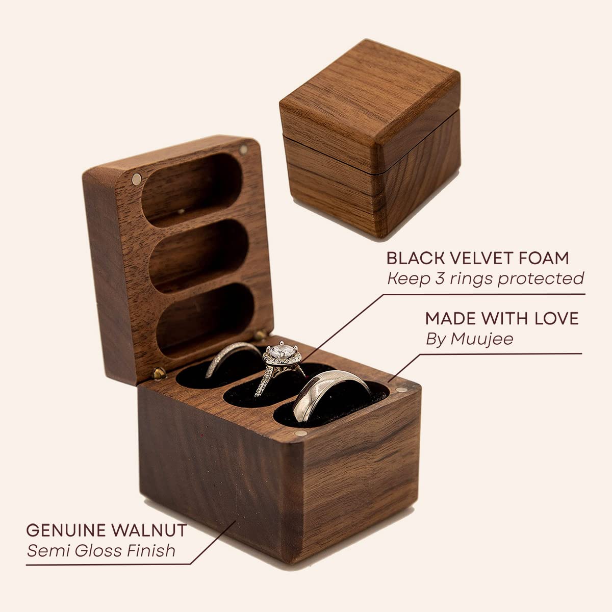 Muujee Wood 3 Slot Ring Box - Triple Wooden Ring Case Box For Wedding Ceremony Ring Bearer Box - Anniversary Birthday Gift Ideas