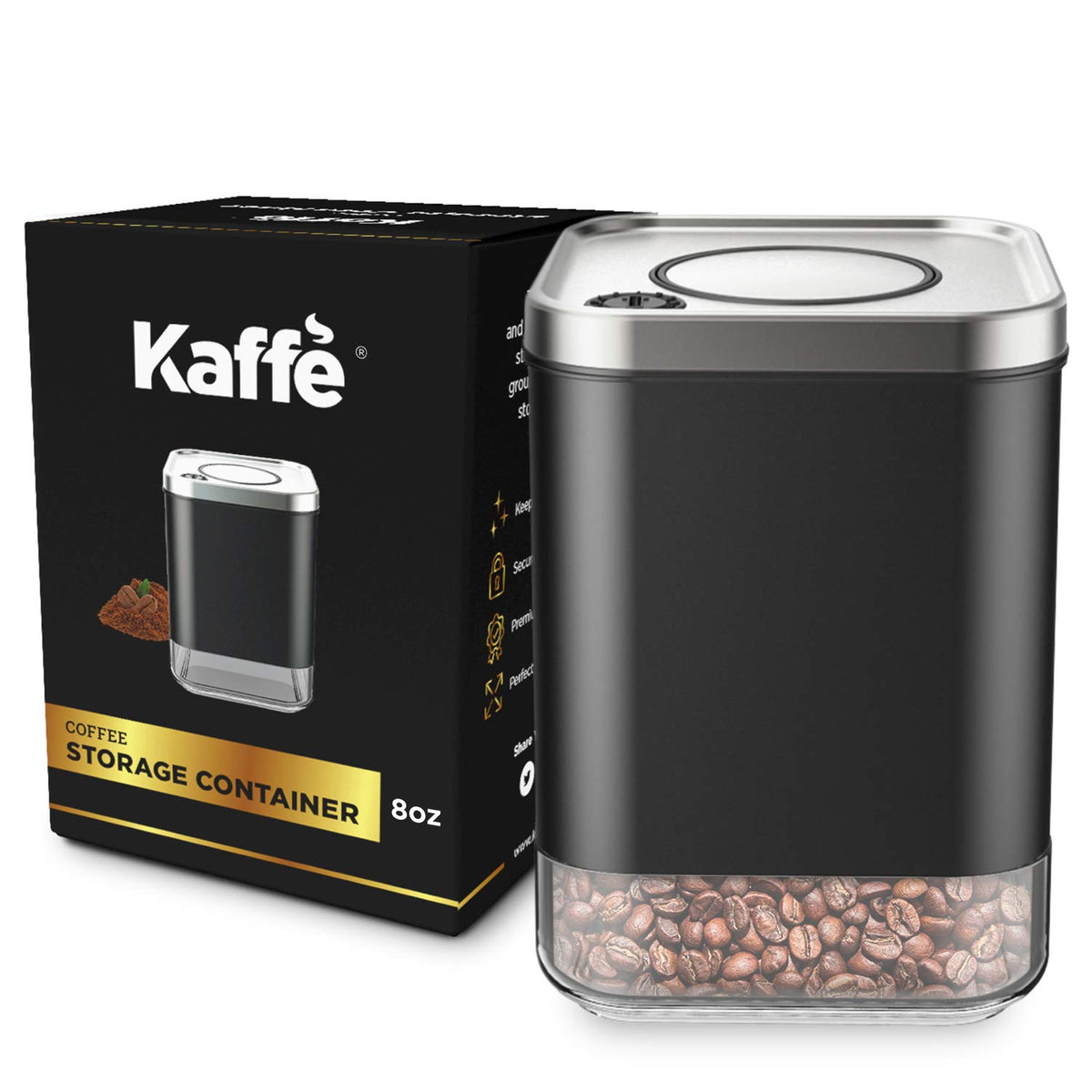 Kaffe Glass Coffee Canister (8Oz) W/Airtight Lid - Click To Release Seal - Bpa Free Glass & Stainless Steel - Elegant Kitchen St