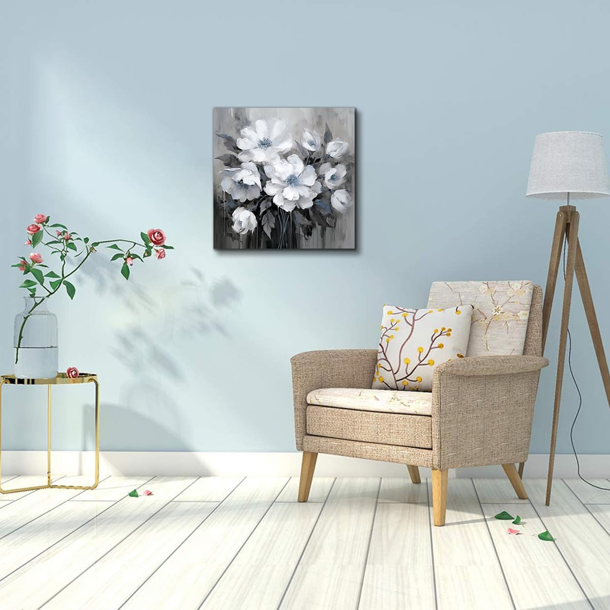 Anzhongart Bathroom Wall Art,Flower Wall Art,Canvas Wall Art,Small Wall Art Gray And White And Blue Flower Wall Art-Floral Canva