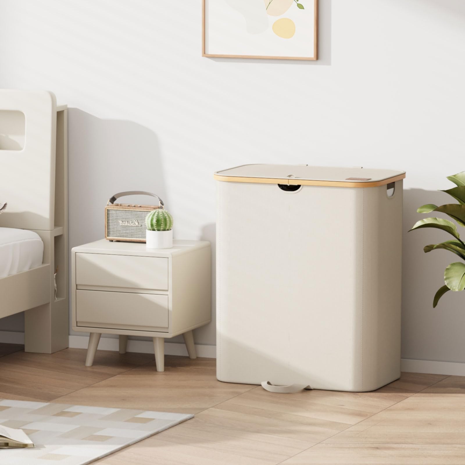 Xlhomo 160L Double Laundry Hamper With Lid, Dirty Clothes Hamper With 2 Removable Bags, Beige Laundry Hamper 2 Section With Bamb