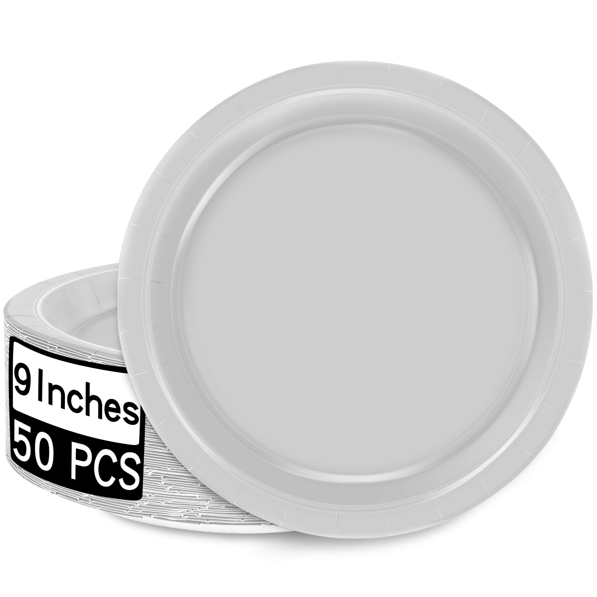 QZYL 50 PCS Paper Plates Set, Silver 9 Inches Disposable Dinner Plates, Heavy Duty Party Plates Bulk, Round Paper Dinner Plates 