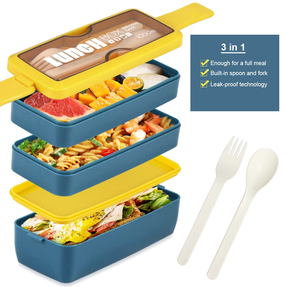 Iteryn Bento Box Lunch Box, 3-In-1 Compartment Containers - Wheat Straw, Leakproof Eco-Friendly Stackable Bento Lunch Box Meal P