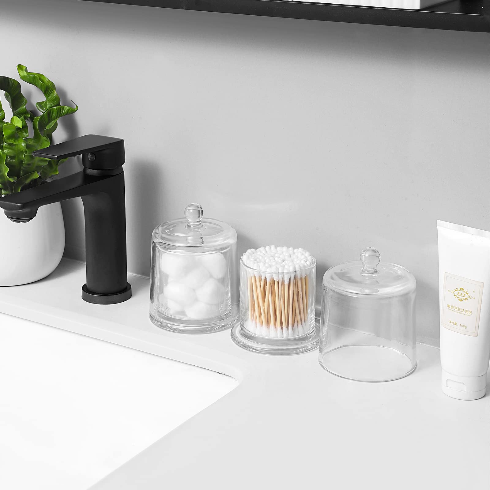 Rejomiik 2 Pack Qtip Holder Thick Glass Apothecary Jars With Lid For Bathroom Accessories Vanity Organizers And Makeup Storage F