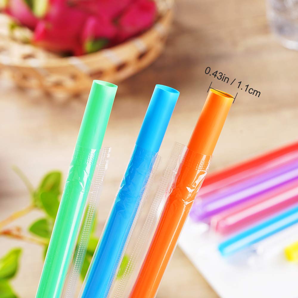 200 Pcs Individually Packaged Colorful Jumbo Smoothie Straws, Large Wide Milkshake Disposable Plastic Drinking Straw (0.43'' Dia