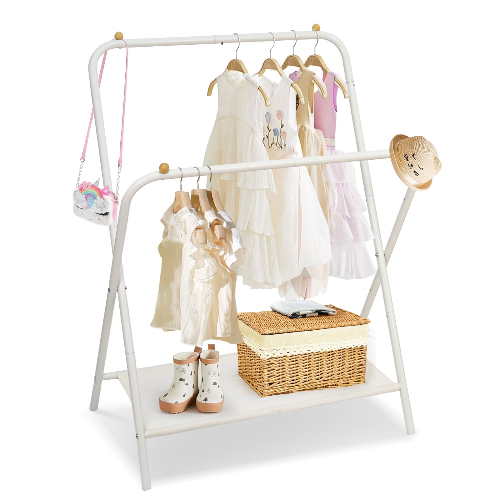 YGJT Kids Clothing Rack 2 Rods, Dress Up Storage for Little Girls with Bottom Storage Shelf, Cute Toddler Wardrobe Cloest Garmen