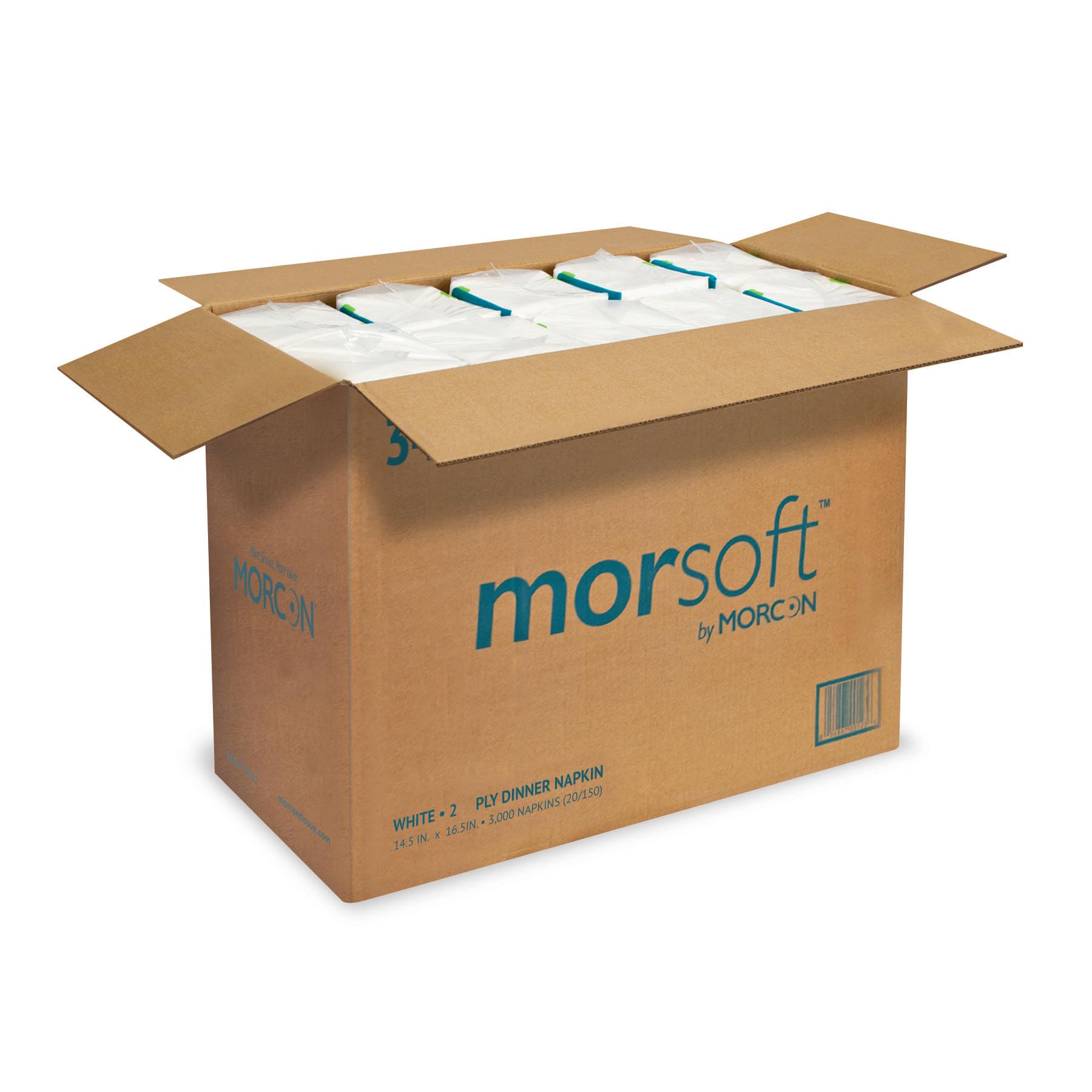 Morsoft By Morcon Commercial Dinner Napkins, 2-Ply, 14.2 In. X 16.5 In., White, 20 Packs Of 150 Napkins, 3,000 Count