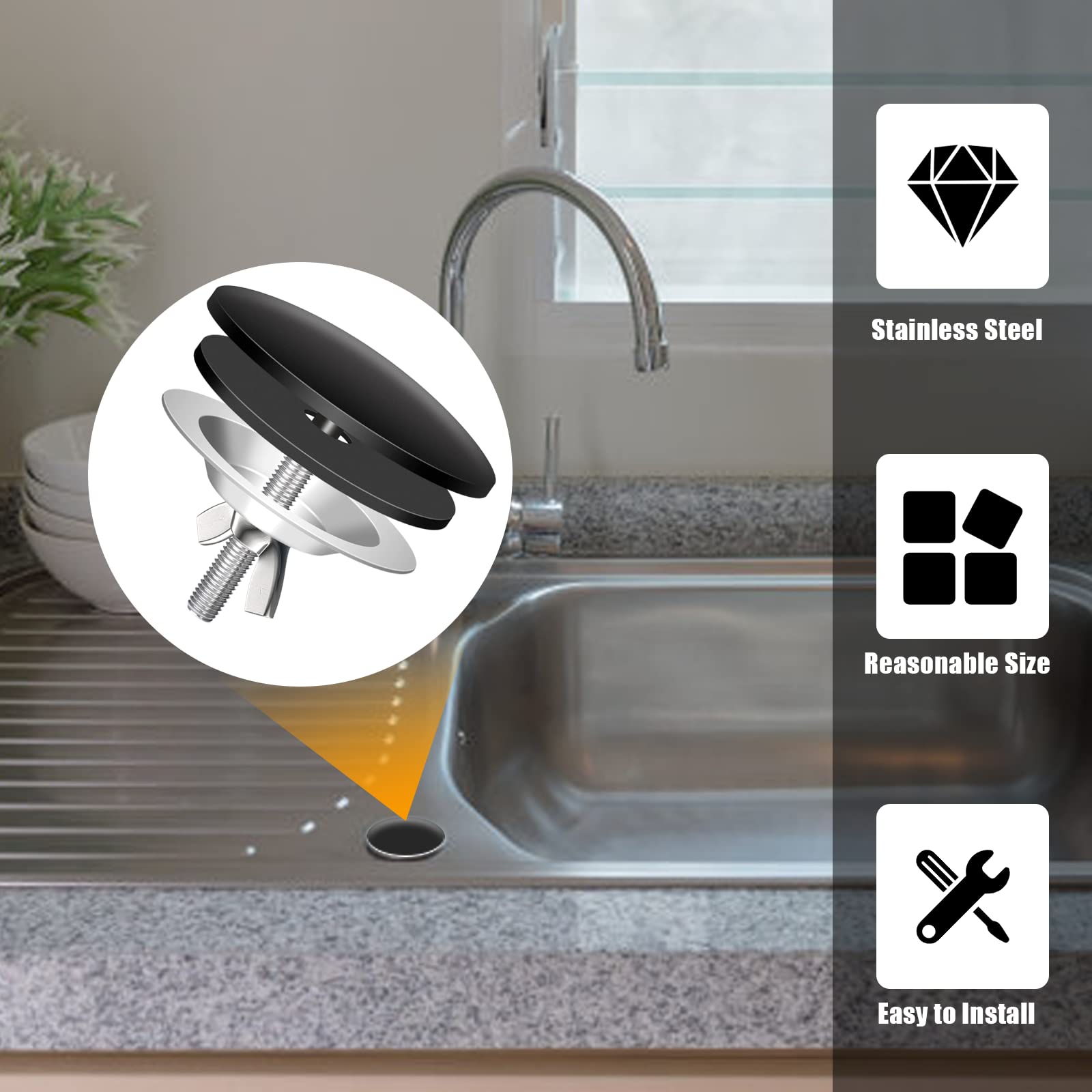 Kibbeh 2 Pcs Sink Hole Cover For Kitchen Stainless Steel Faucet Hole Cover,Sink Plug Stopper Kitchen,Blanking Metal Plug(Black)