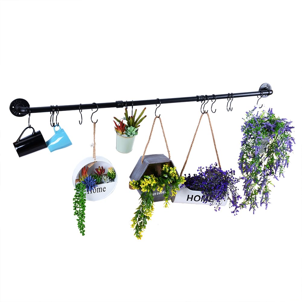 WuGeShop 50.4" Wall-Mounted Pot Rack, Black Metal Hanging Rail with 15 S Hooks, Extra Long Kitchen Organizer