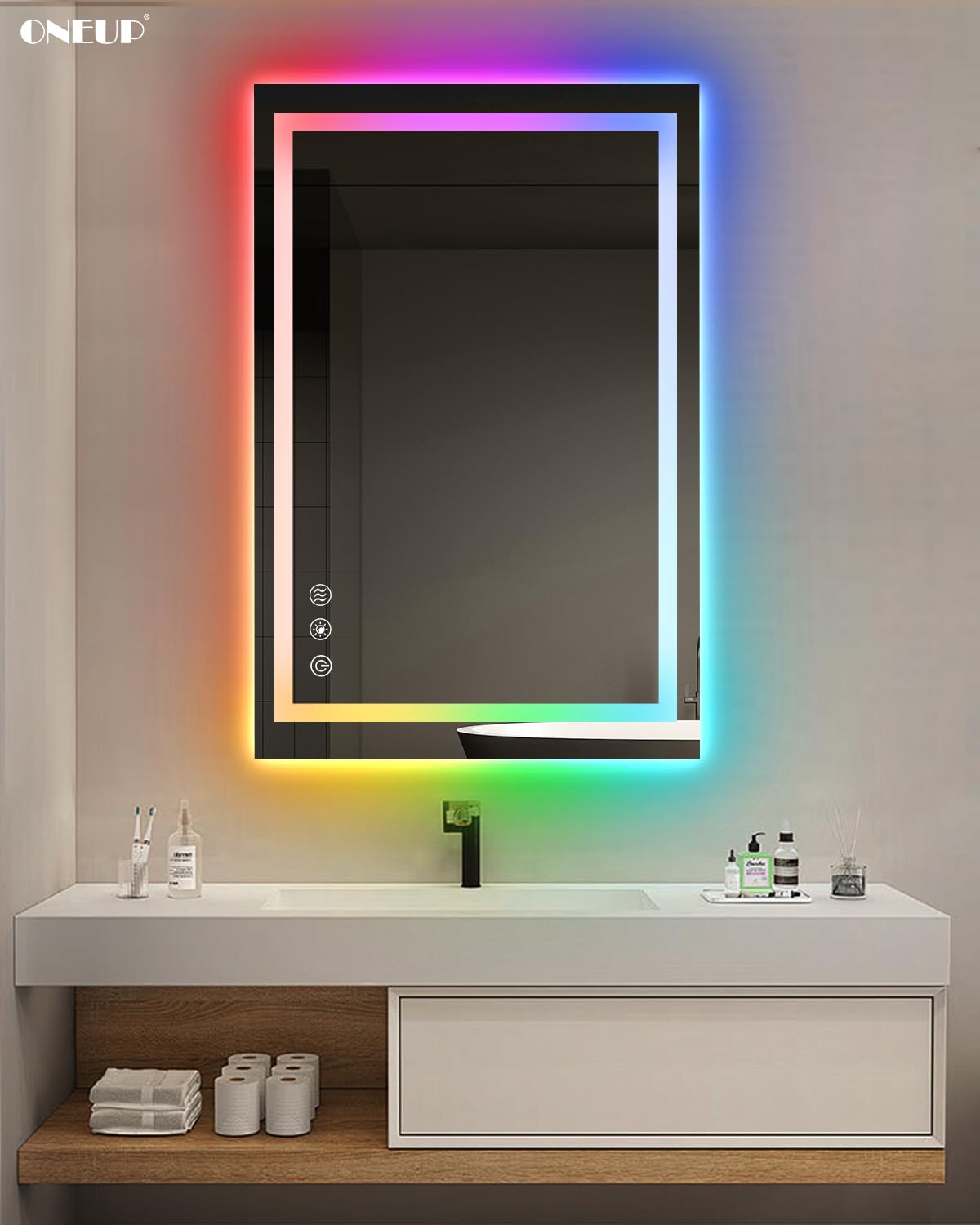 Oneup 24X36'' Rgb Led Bathroom Mirror With Lights,Rgb Color Changing Bathroom Mirror,Lighted Vanity Mirrors For Wall,Dimmable,An