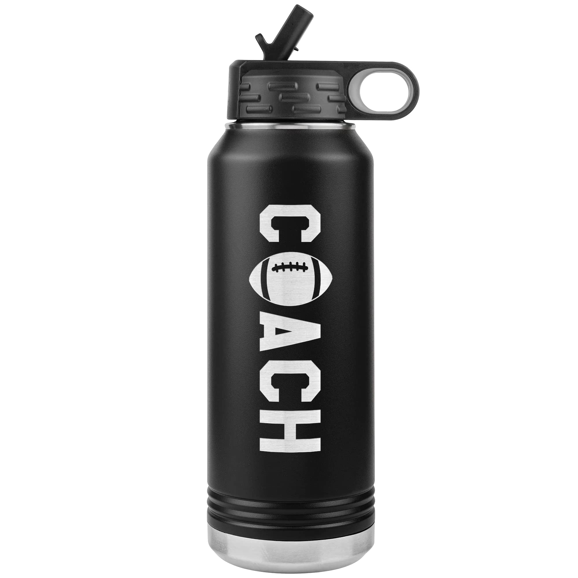 Football Coach Water Bottle  32oz Insulated Flip Top Straw  Black