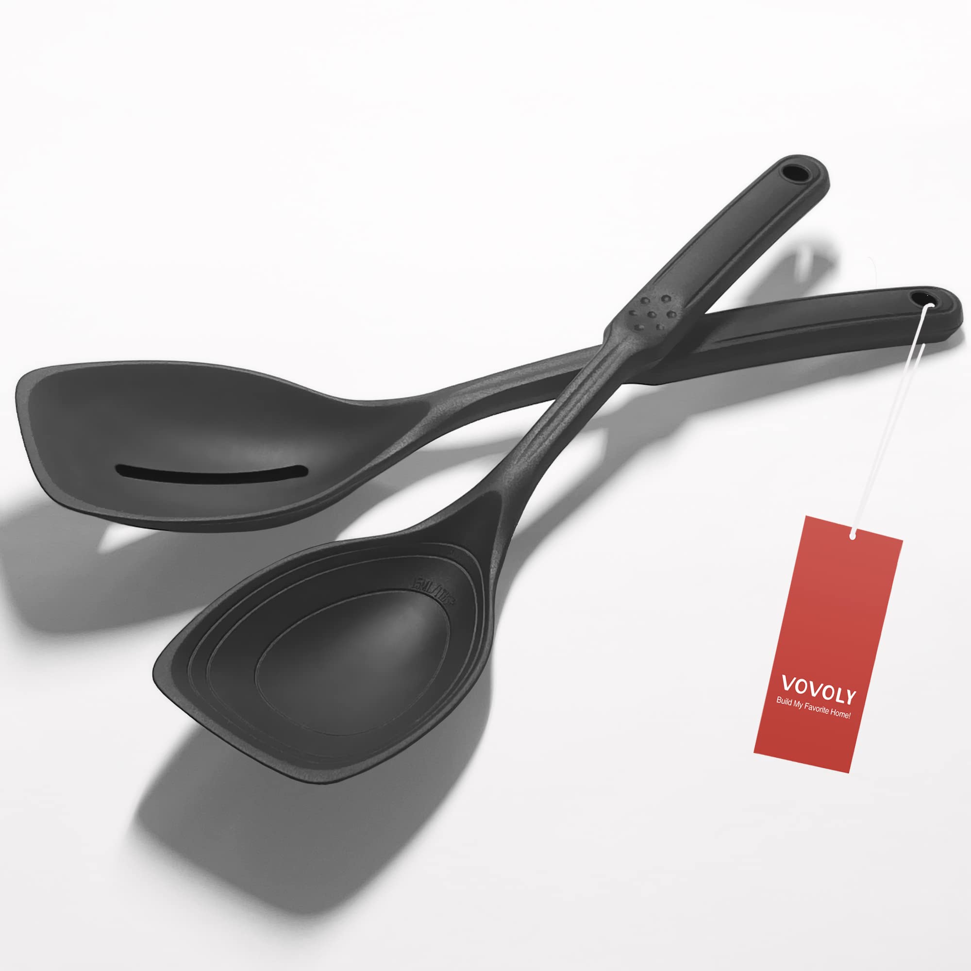 2 Pack Large Silicone Cooking Spoon, Non-Stick Slotted and Solid Spoon set with Deep Bolw and Measurement Mark for Mixing, Servi