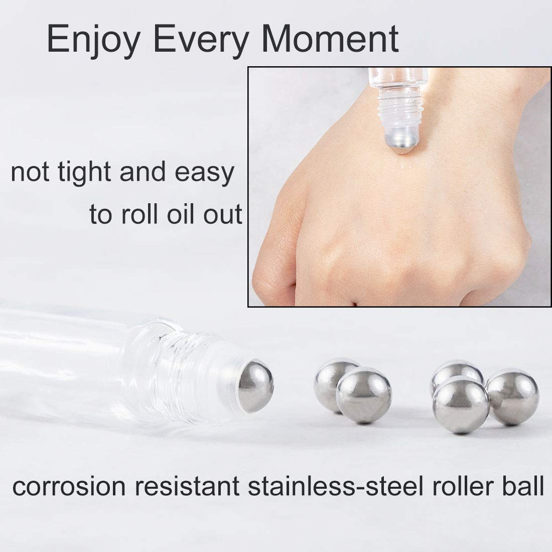 Zizemoja 6Pcs 10Ml Essential Oil Roller Bottles, With Stainless Steel Roller Balls, 10Ml Clear Glass Roll On Bottles For Essenti