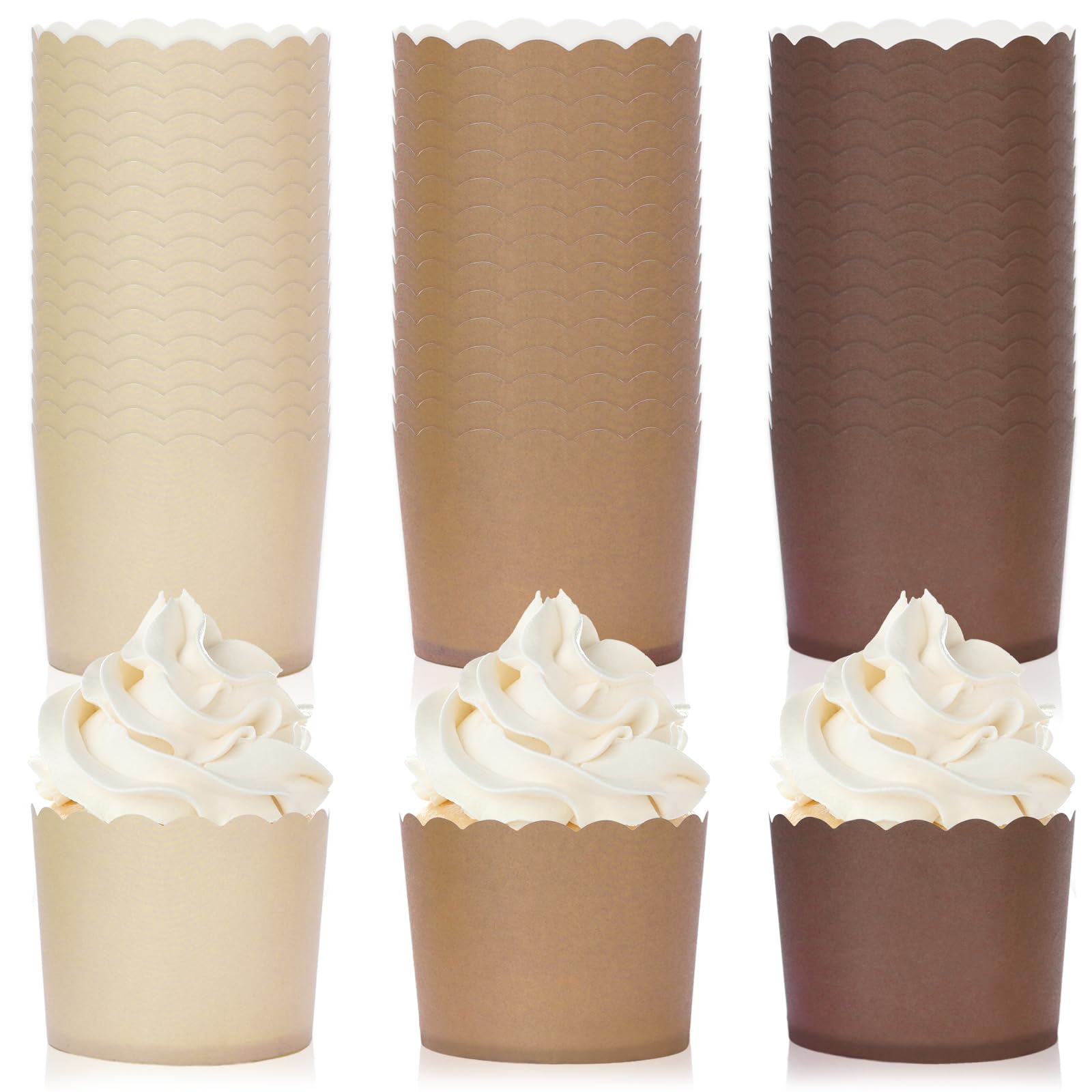 Whaline 120Pcs Brown Paper Baking Cups Scalloped Edge Cupcake Wrappers Gradient Brown Cupcake Muffin Cases For Wedding Birthday