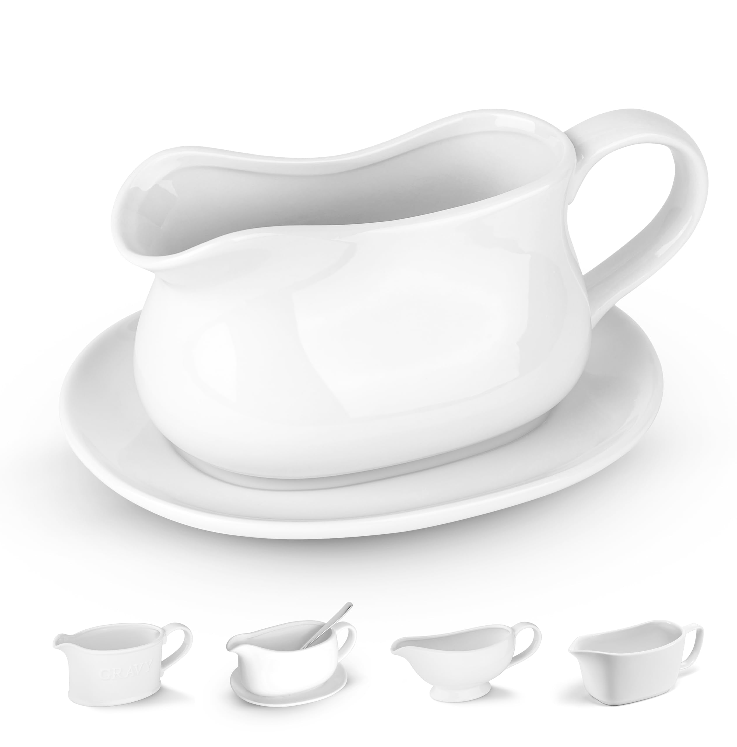 Kook Gravy Boat & Saucer, 17 oz, Ceramic Serving Dish, Dispenser with Tray for Sauces, Dressings and Creamer, Large Handle, Micr