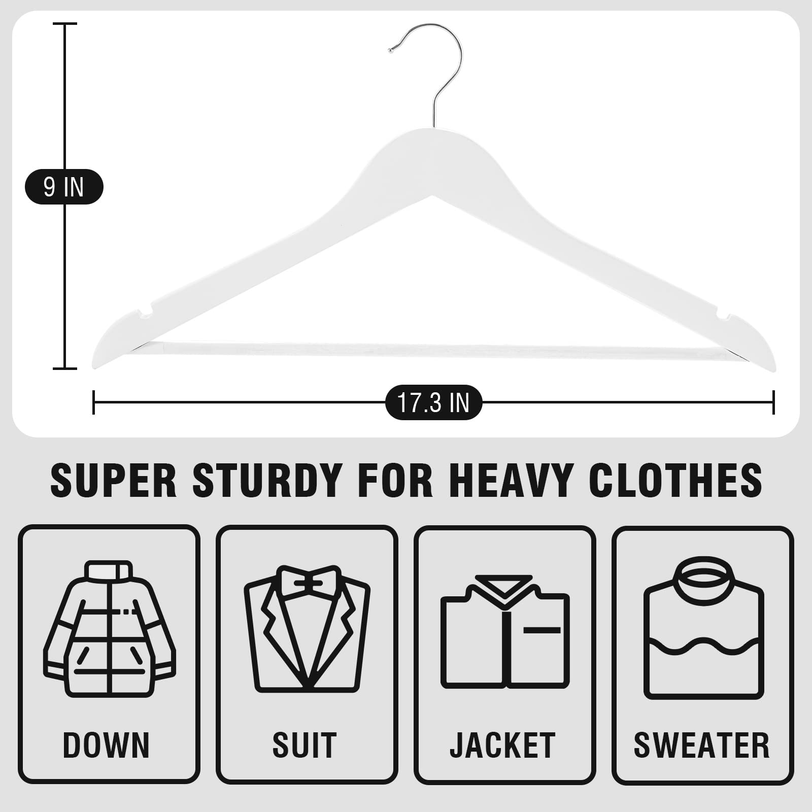 Solid Natural Wooden Coat Hangers, 10 Pack Heavy Duty Smooth Finish Suit Hangers With Non-Slip Pant Bar, Precisely Cut Notches &