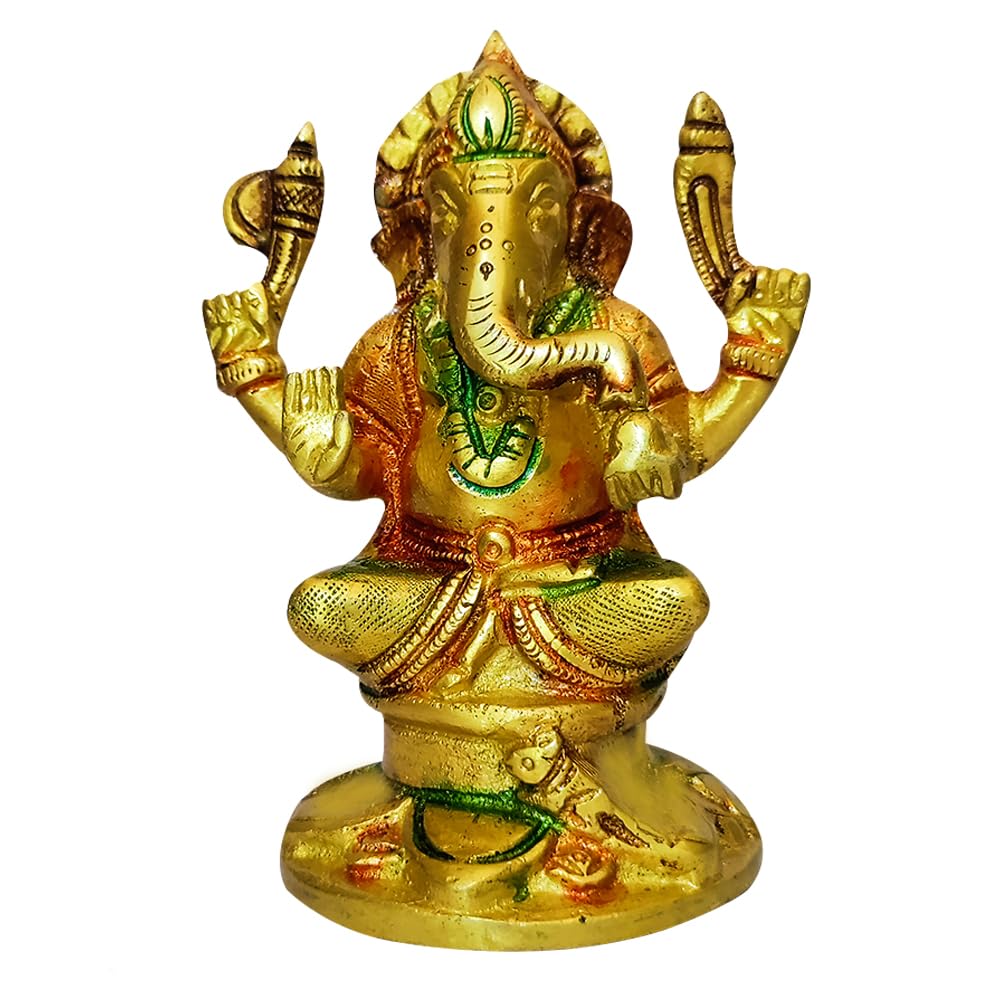 Rdmdecor 100% Pure Brass Printed Ganesh Ji Idol (Size: 11 Cm) | Printed Ganesh Ji Murti For Home Decor & Puja Room