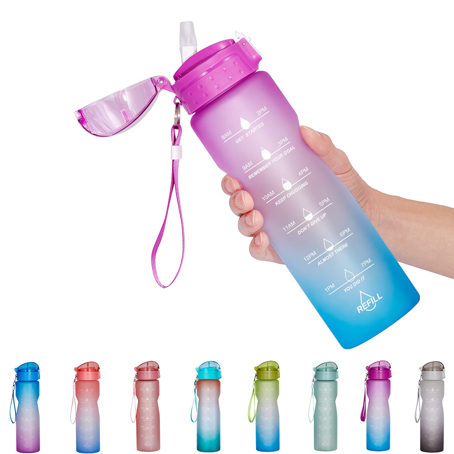 Nooformer 24Oz / 32Oz Motivational Water Bottle With Time Marker & Straw- Water Tracker Bottle Leakproof Bpa Free For Fitness Sp
