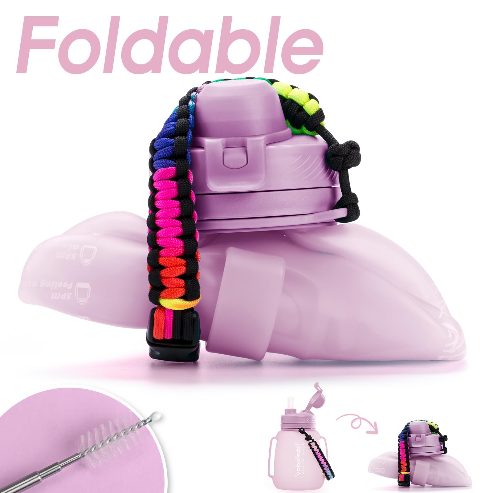 TakeToday 40 OZ Motivational Water Bottle with Straw and Paracord Handle 1.2L Silicone Sports Water Bottle with Time Marker(Purple)