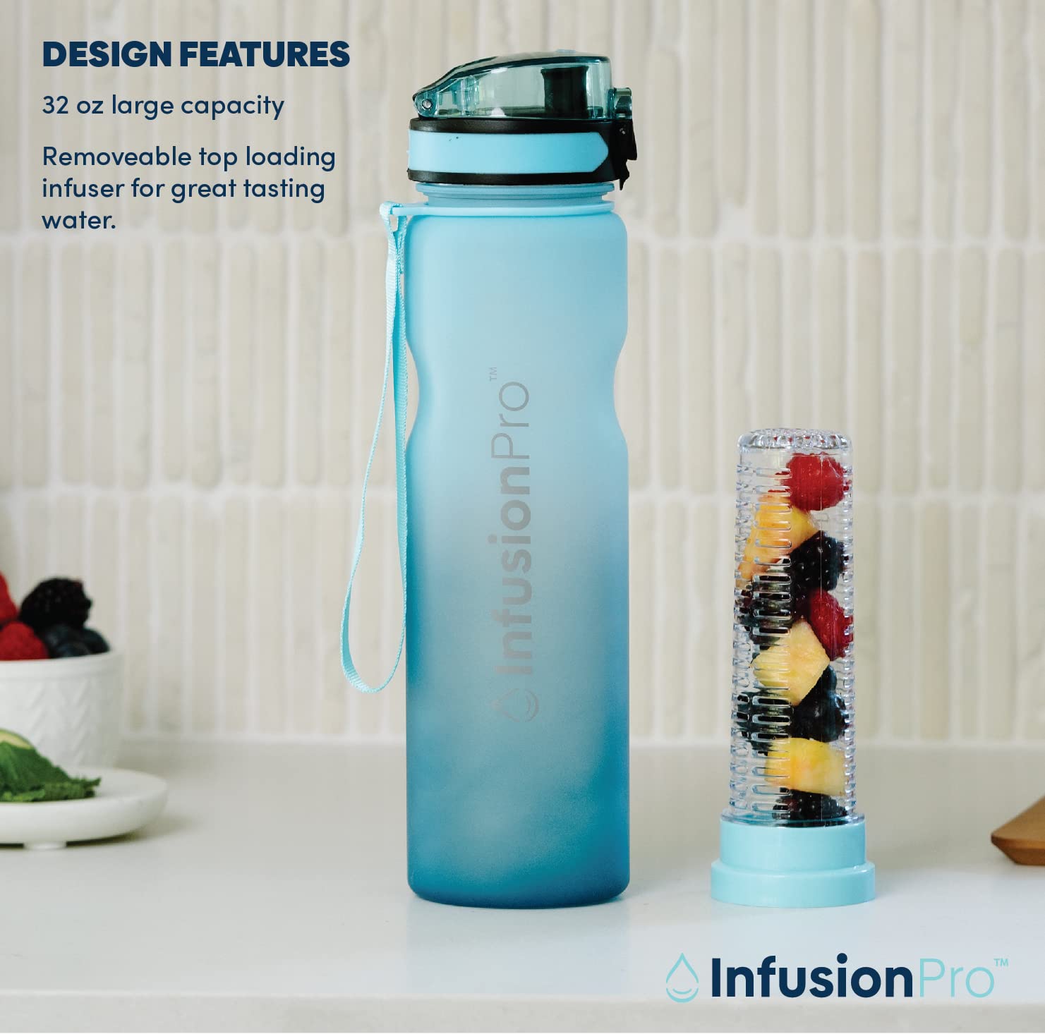 Infusion Pro 32 oz Fruit Infuser Water Bottle with Time Marker - Flip Top Locking Lid  Insulated Sleeve & 50 Recipe Fruit Infusion Water eBook : Leak Proof : for Gym  Sports  Travel : Unique Gift Idea