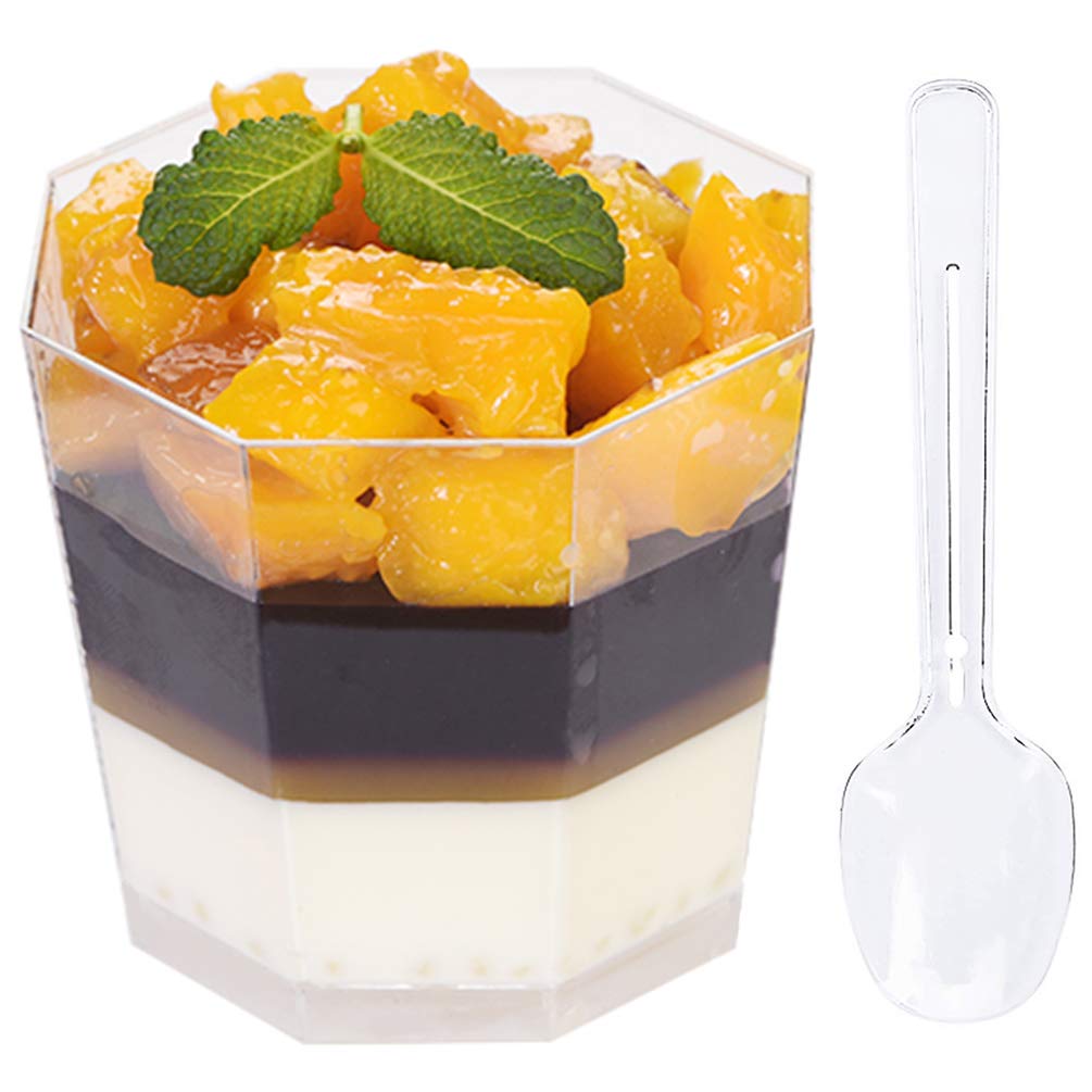Foraineam 100 Pack 5.4 oz. Clear Plastic Dessert Cups with 100 Spoons Disposable Reusable Appetizer Cups Serving Bowl for Partie