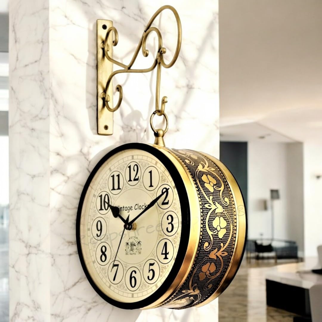 Vintage Clock Brass Finish Metal Handcrafted Double Side Railway Station Analog Clock ( One Side English , Anther Side Roman Num