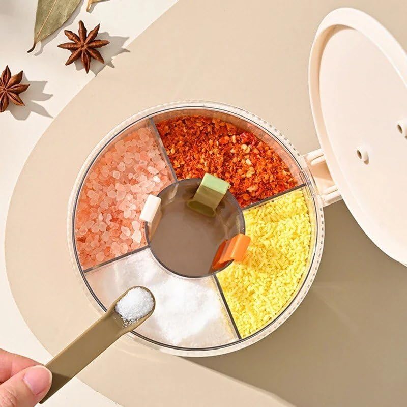 Shopario 5 Grid Spice Box Kitchen Seasoning Organizer With Lid And Spoon Masala Container Spice Storage Box For Salt Sugar Peppe