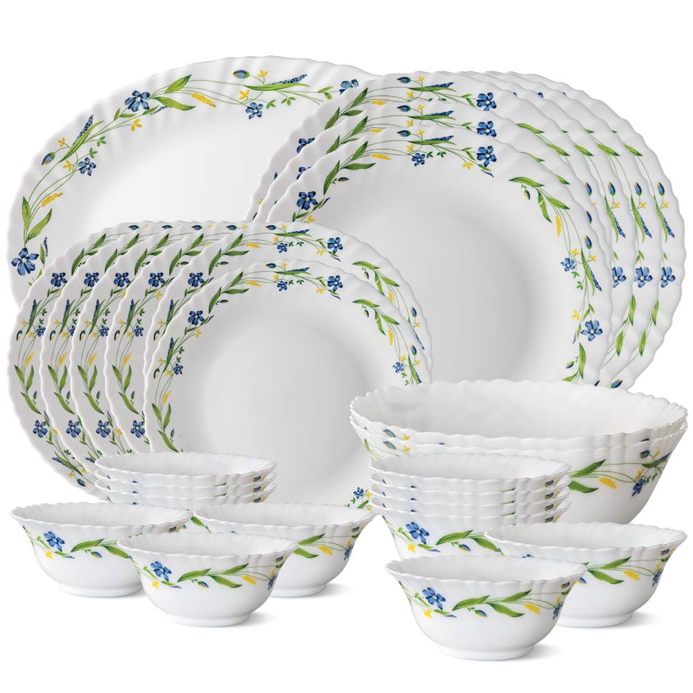 Larah By Borosil Fluted Series Cripper Opalware Dinner Set | 27 Piece For Family Of 6 | Microwave & Dishwasher Safe | BoneAsh F