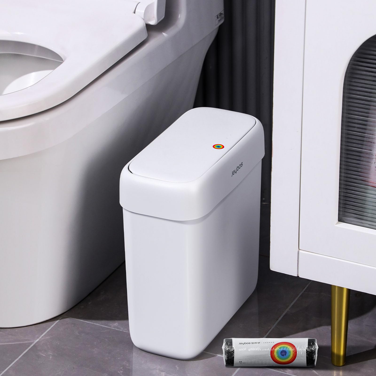 Joybos Bathroom Trash Can With Lid,3 Gallon Small Garbage Can With Press Top Lid,10L Dogproof Slim Plastic Narrow Trash Bin With