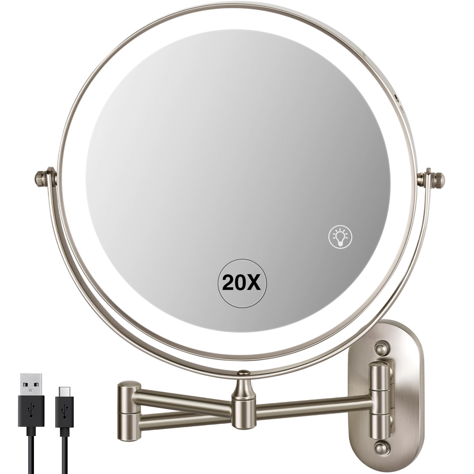 Vorremirr 20X Magnifying Mirror With Light: 8.5 Inch Lighted Makeup Mirror With 3 Colors, 360 Rotation Touch Screen Rechargeable