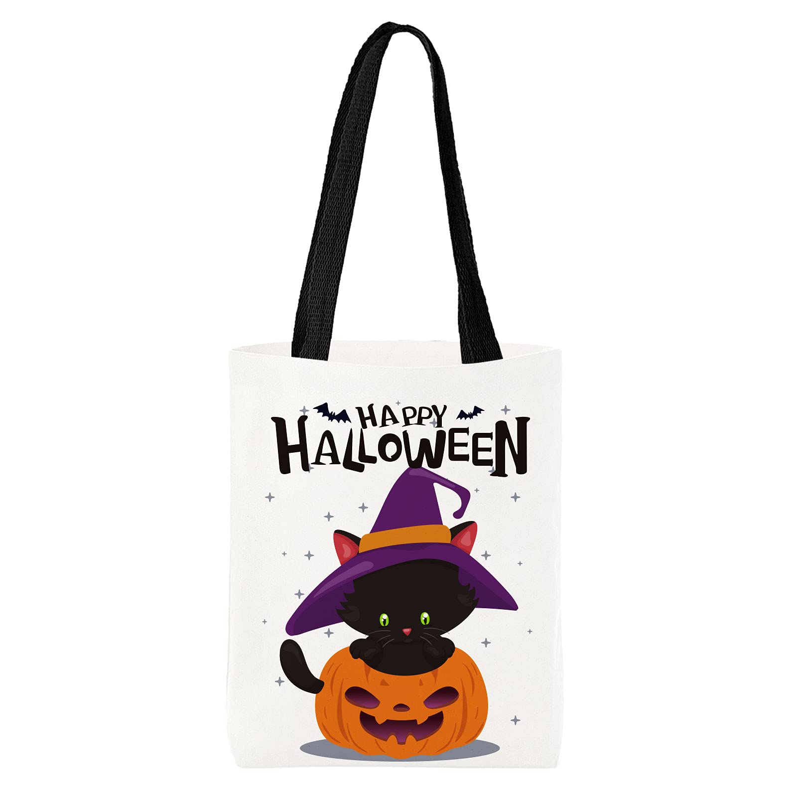 Atfunshop Halloween Tote Bag Trick Or Treat Bag Black Cat Pumpkin Canvas Bags 15.7 X 11.8'' - Reusable Large Halloween Treat Bag