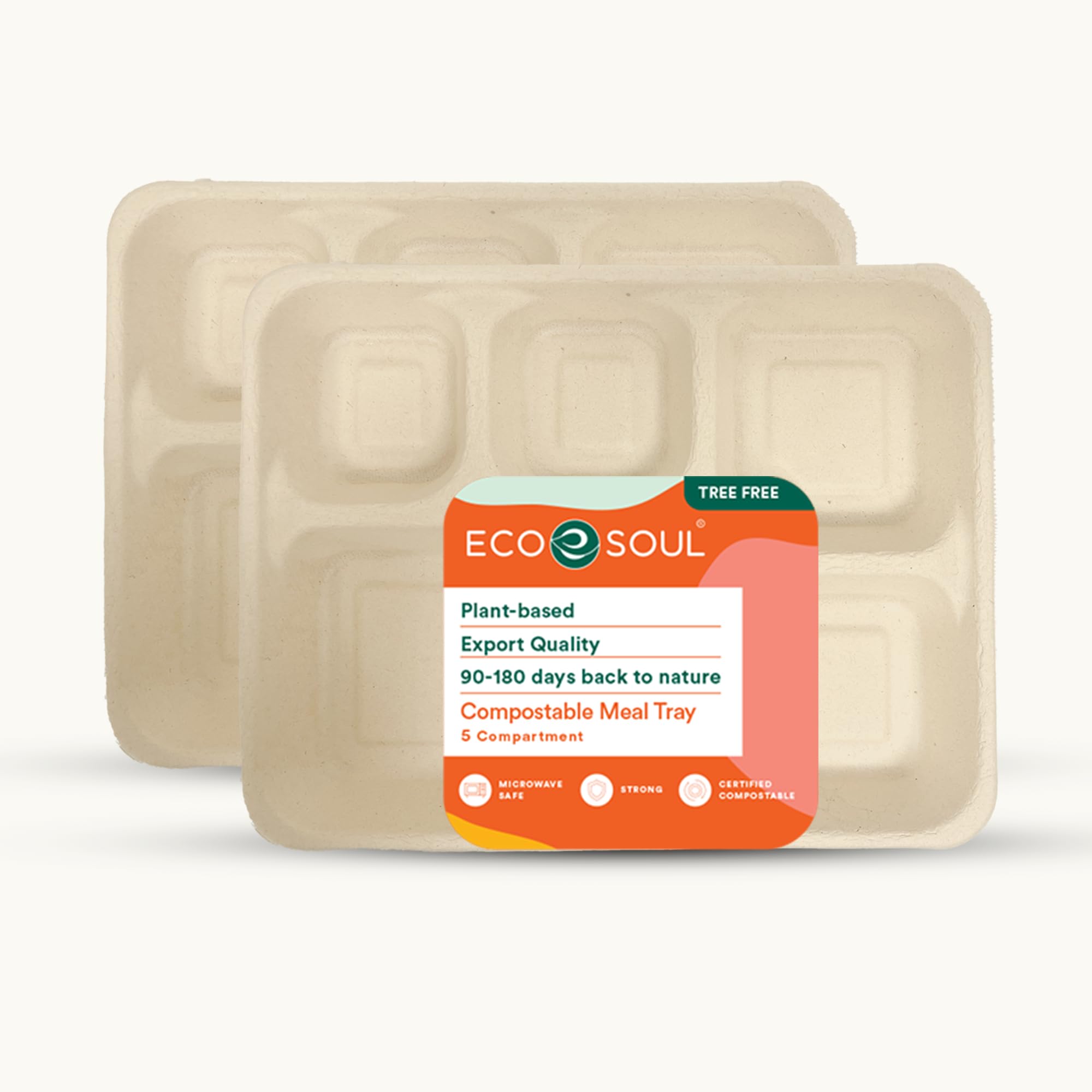ECO SOUL [25 Pack, 5Compartment Disposable Meal Tray | Compostable Bagasse Plates | Ecofriendly Biodegradable Dinner Plates | 