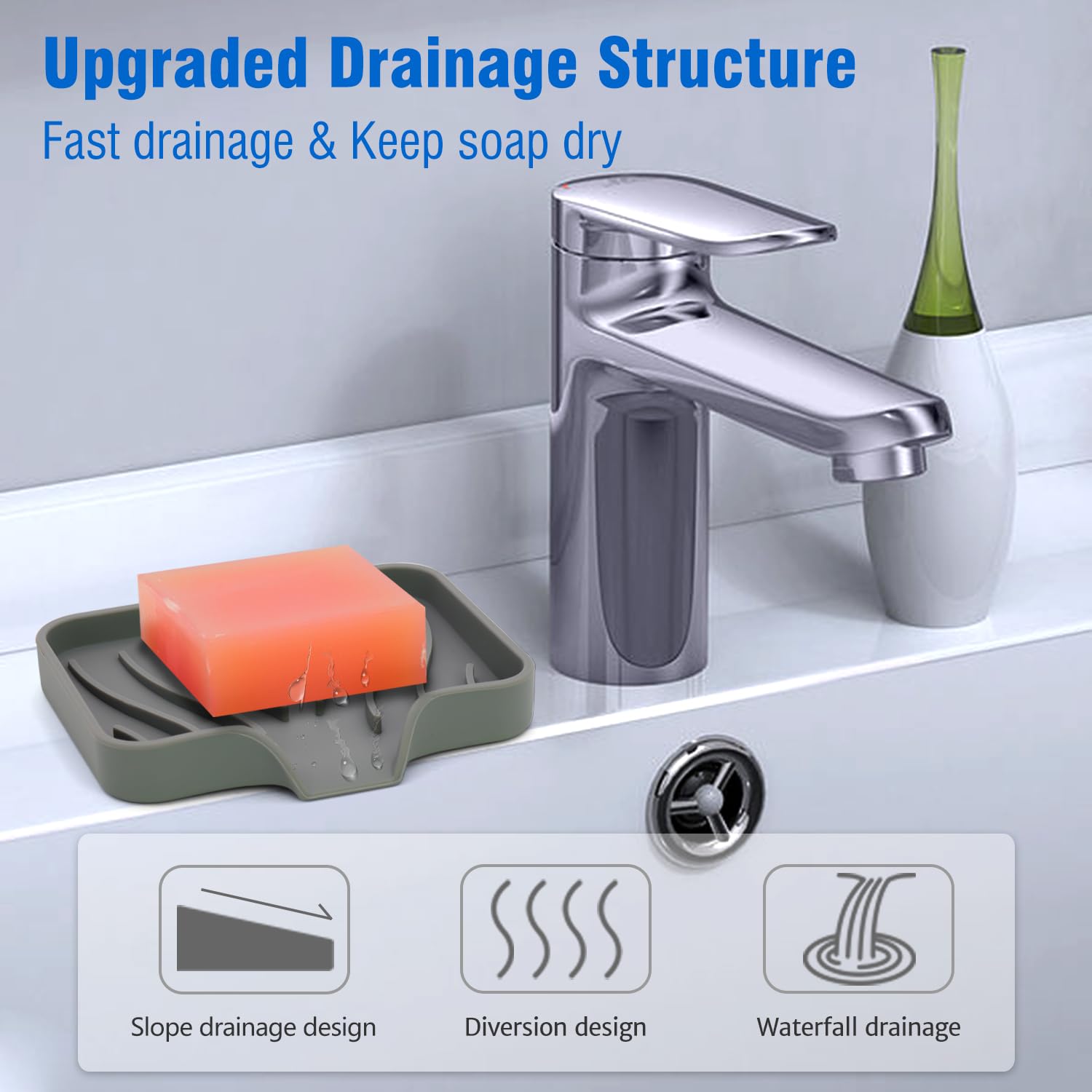 3-Pack Silicone Soap Dish  Bar Soap Holder  Soap Dishes for Bar Soap  Easy to Clean  Self Draining Soap Tray for Shower  Bathroom  Kitchen  Bathtub  Keep Soap Dry  Save Soap (Grey)