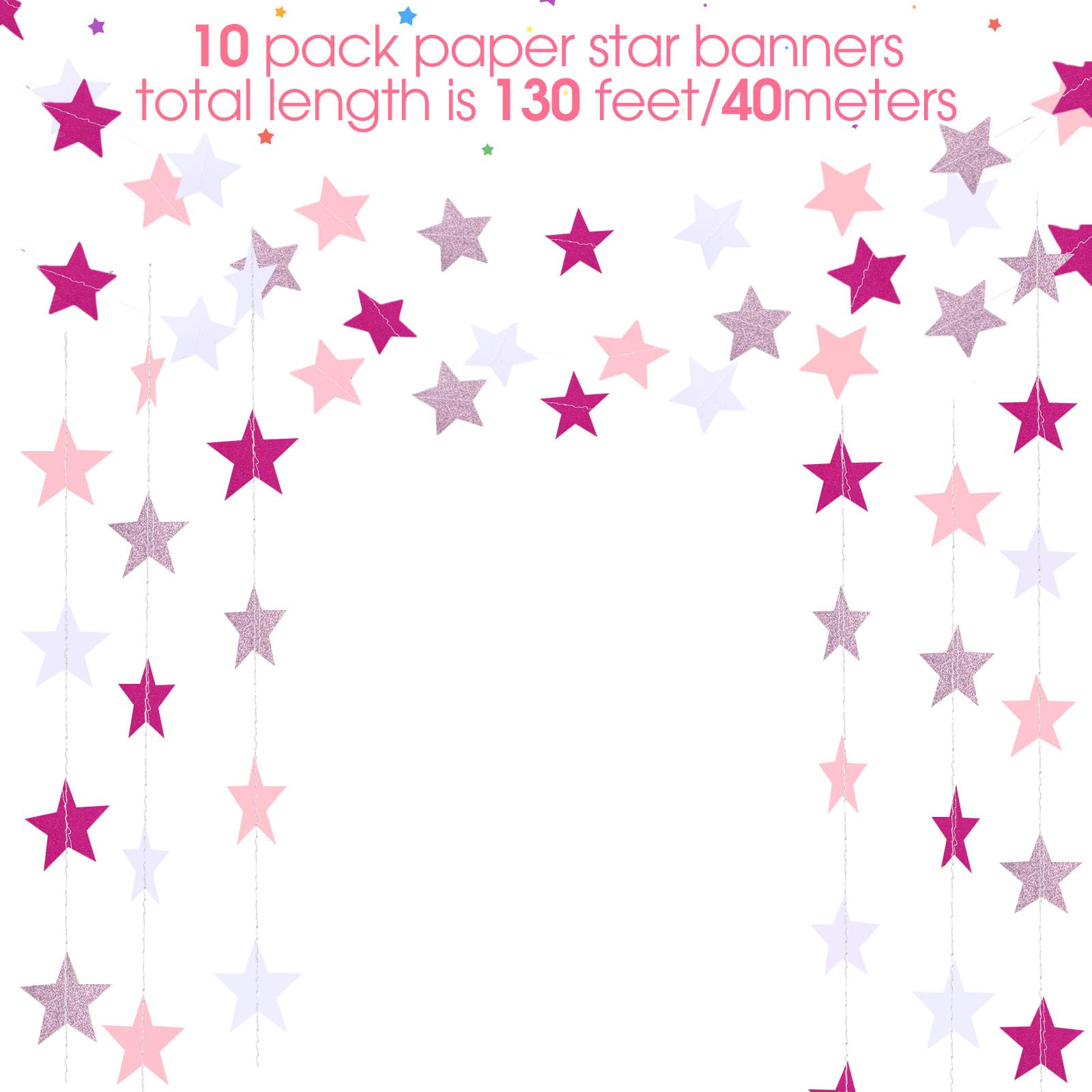 Patelai Glitter Star Garland Banner Christmas Decoration 130 Feet Star Hanging Bunting Banner Twinkle Backdrop for Homecoming Cl
