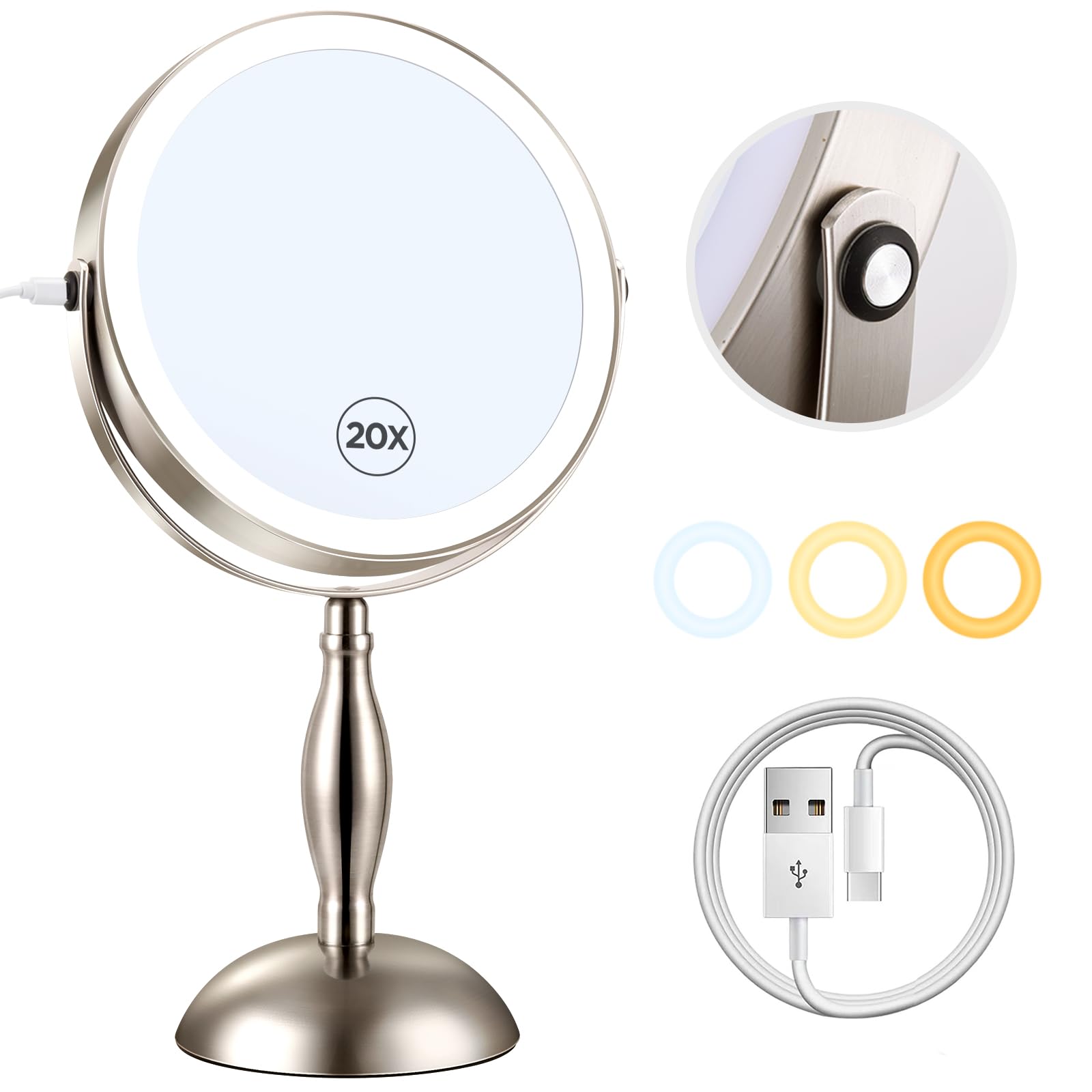 20X Magnifying Mirror With Light, Lighted Makeup Mirror With 3 Color Dimmable Adjustable Mirror, Side Charging Port & Sidetouch