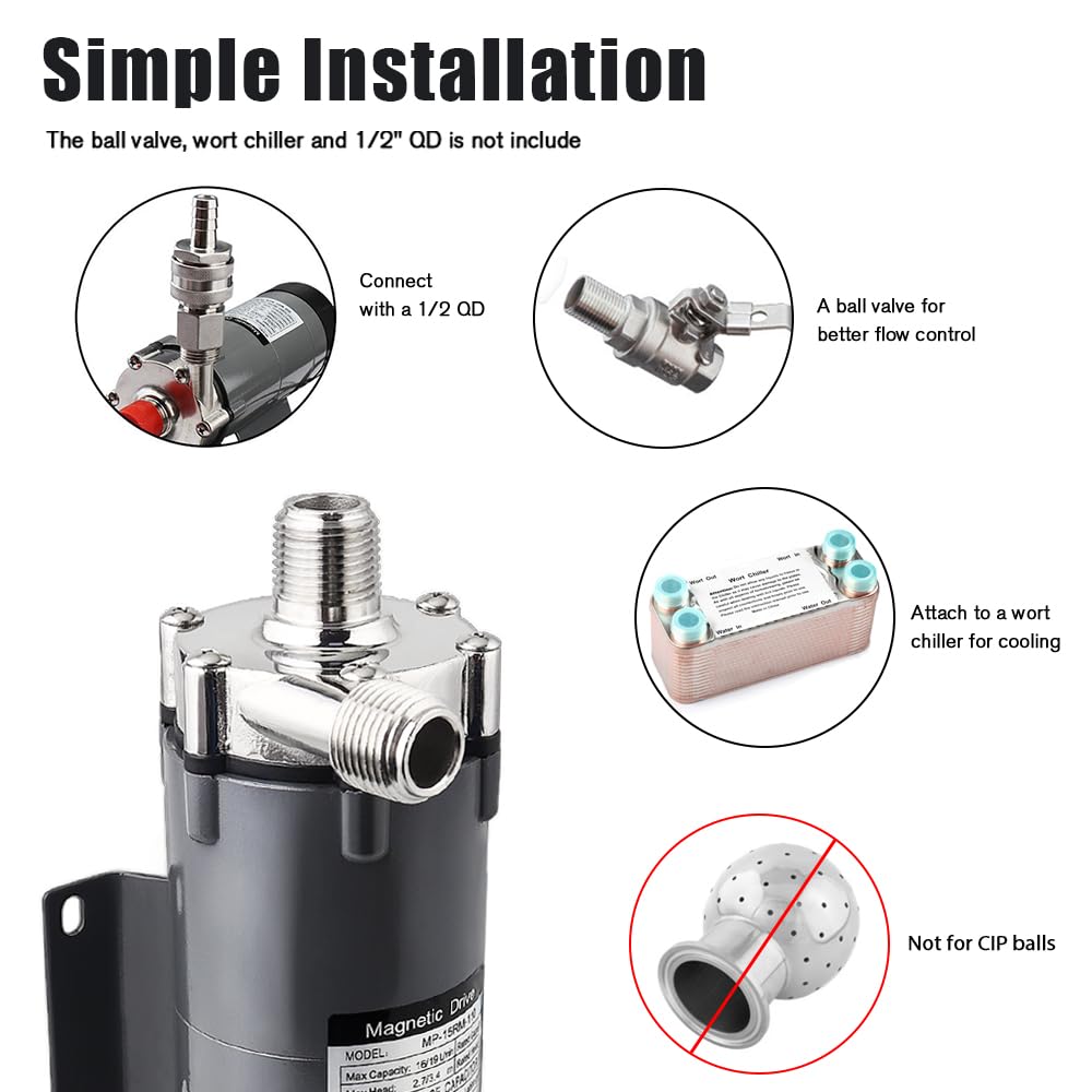 Ferroday Brewing Pump Wort Pump Magnetic Drive Pump Brew Pump Inline Water Pump Food Safe High Temp Pump Stainless Steel Head 15