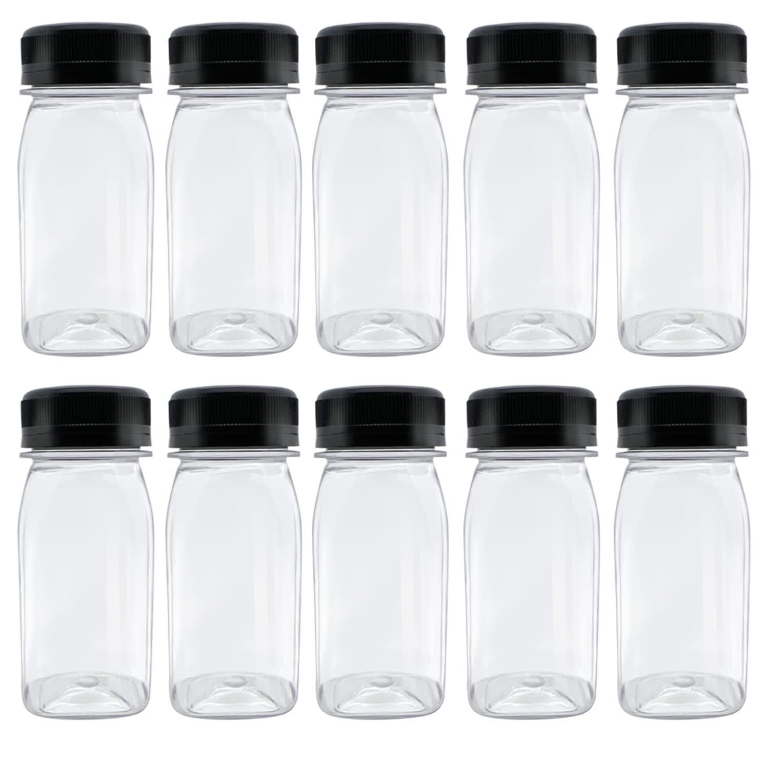 10 Pcs 4 Ounce Plastic Juice Bottles, Reusable Bulk Beverage Containers For Juice, Milk And Other Beverages, Black Lid