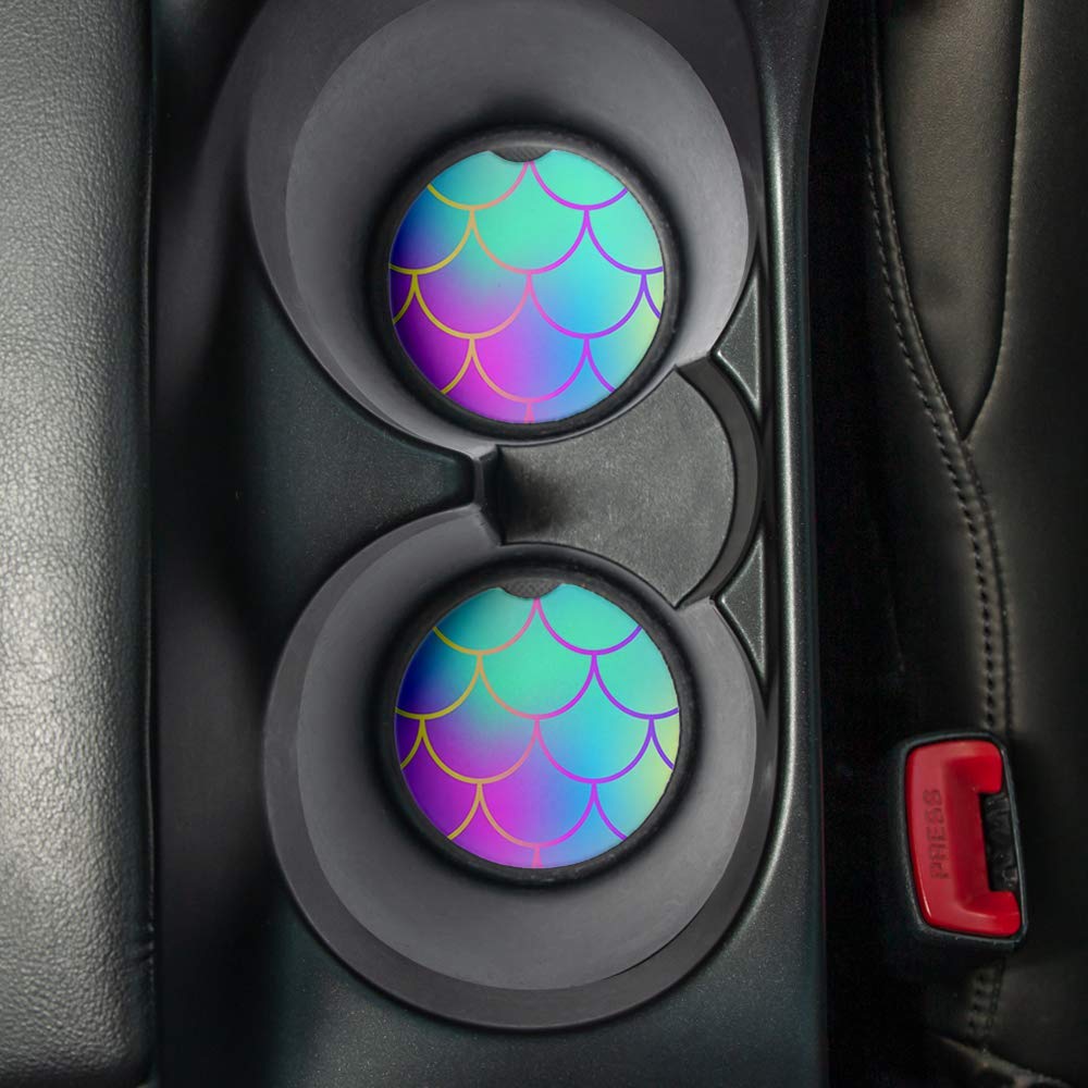 Blue Pink Ombre Mermaid Scales Car Coasters For Drinks Set Of 2 - Perfect Car Accessories. Coaster Measures 2.56 Inches With Rub