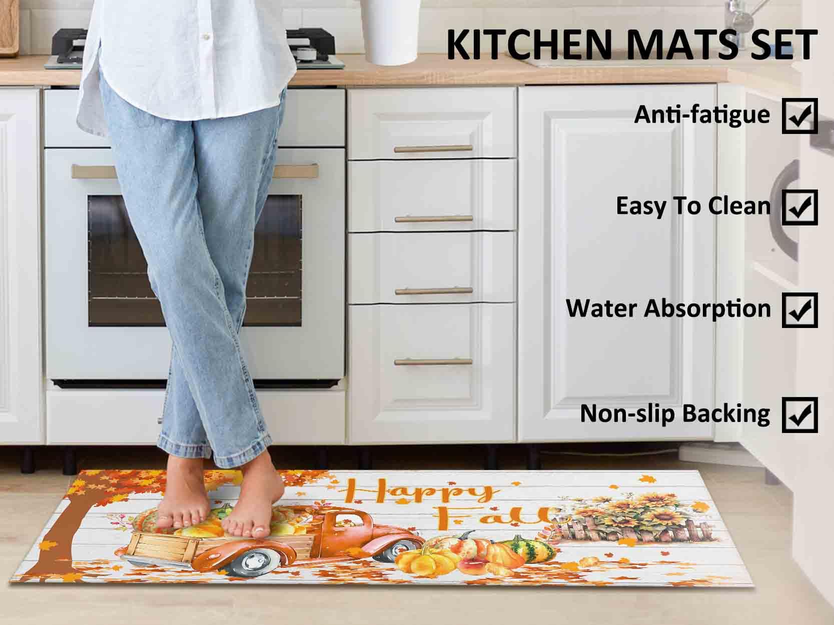Pumpkin Decorative Fall Kitchen Rugs and Mats Set of 2,Thanksgiving Autumn Pumpkin Front Door Mat Floor Rug for Fall Home Holida