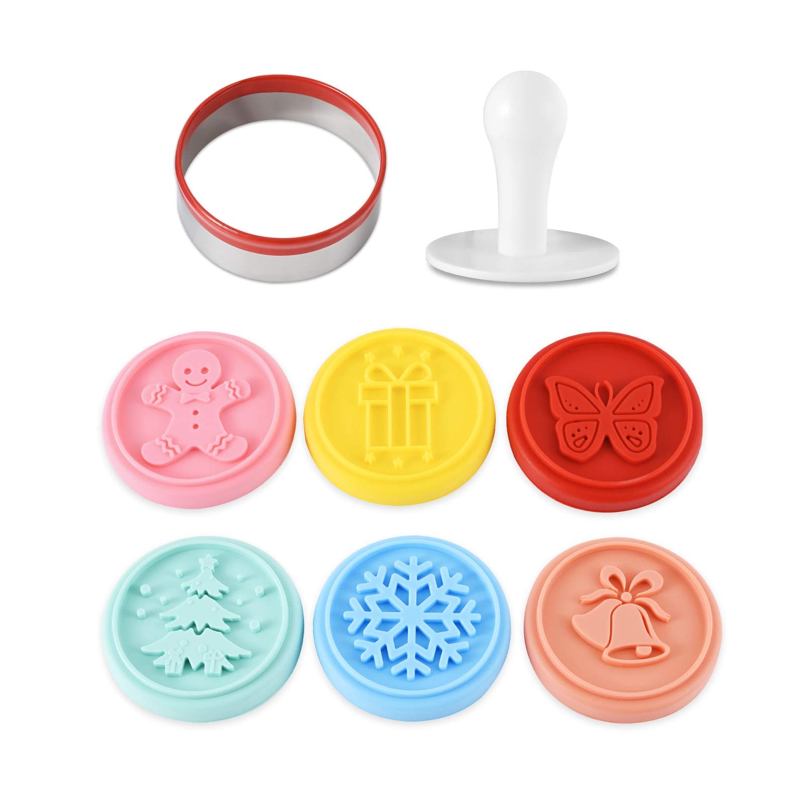 Cookie Stamp-A Set Of 6 Colorful Silicone Cookie Stamp Press, Ring Cutter And Handle For Christmas And Daily Baking