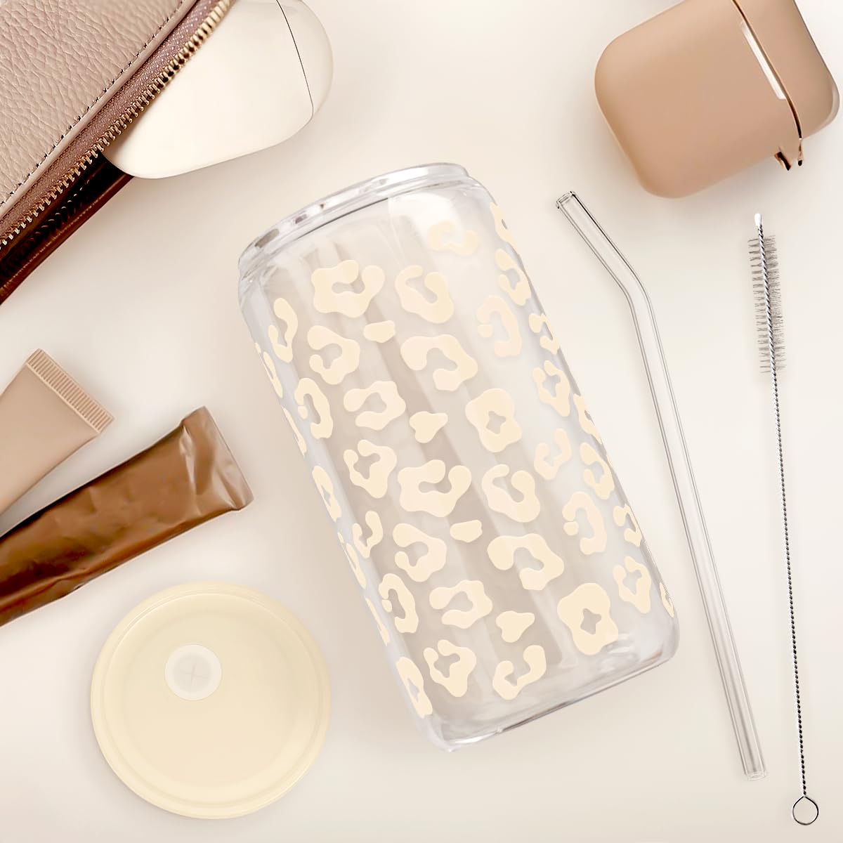 SANDJEST Leopard Glass Can, Beige Leopard Print Cup with Lid & Straw, Iced Coffee Aesthetic Cups, Gift for Christmas Birthday Mo