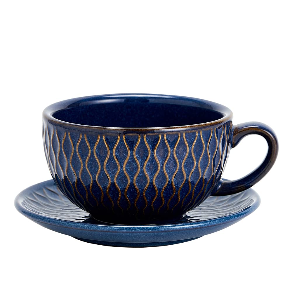 Coffeezone Vintage Design 12 Oz Ceramic Latte Art Cappuccino Barista Cup With Saucer (Embossed Blue)