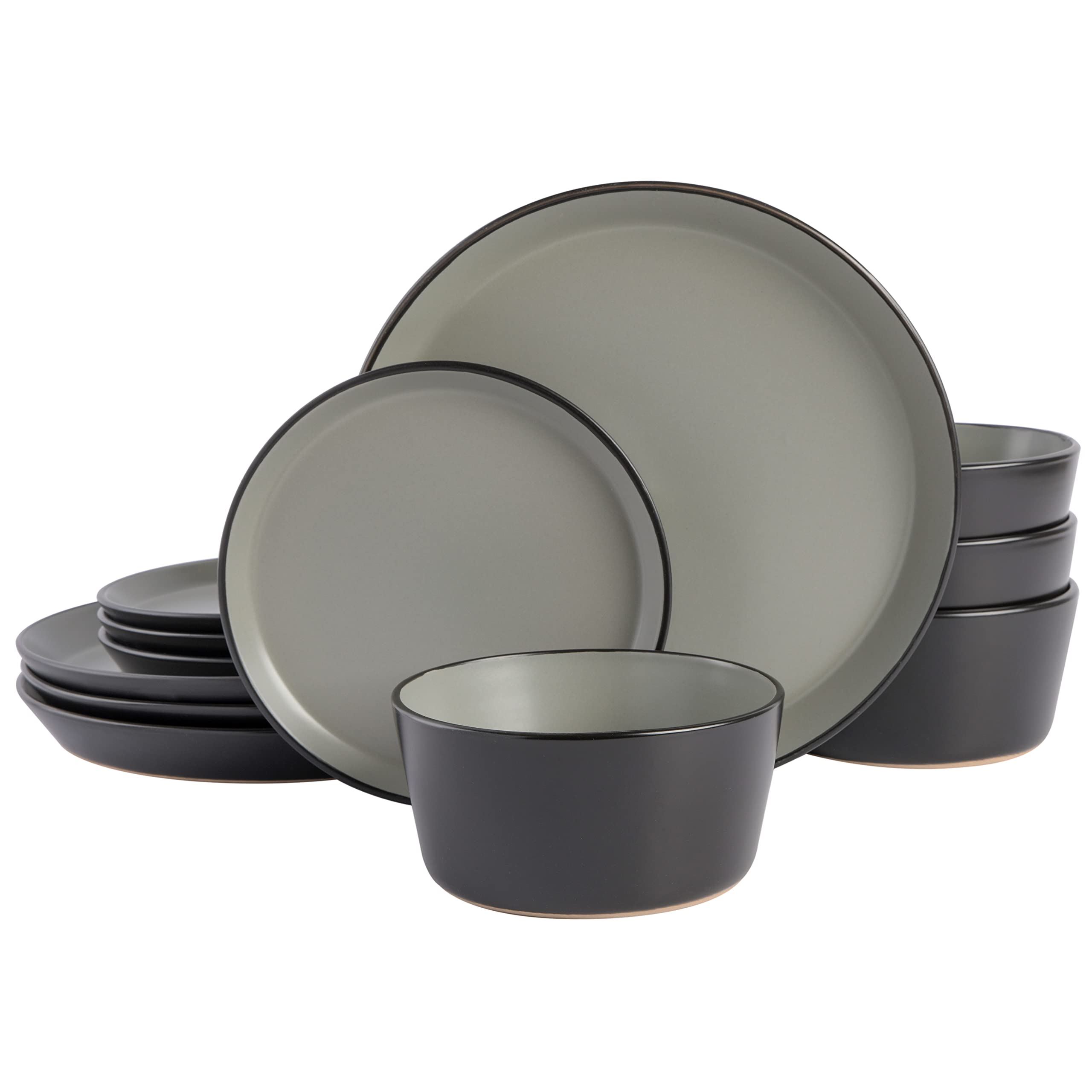 Gibson Soho Lounge Sofia Coupe 12-Piece Stoneware Dinnerware Set, Service for 4 - Grey Plates and Bowls