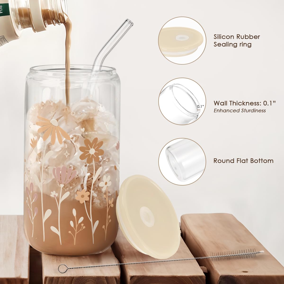 SANDJEST Flower Glass Can, Floral Cup with Lid & Straw, Iced Coffee Aesthetic Cups, Idea Gift for Christmas Birthday Mother Day,