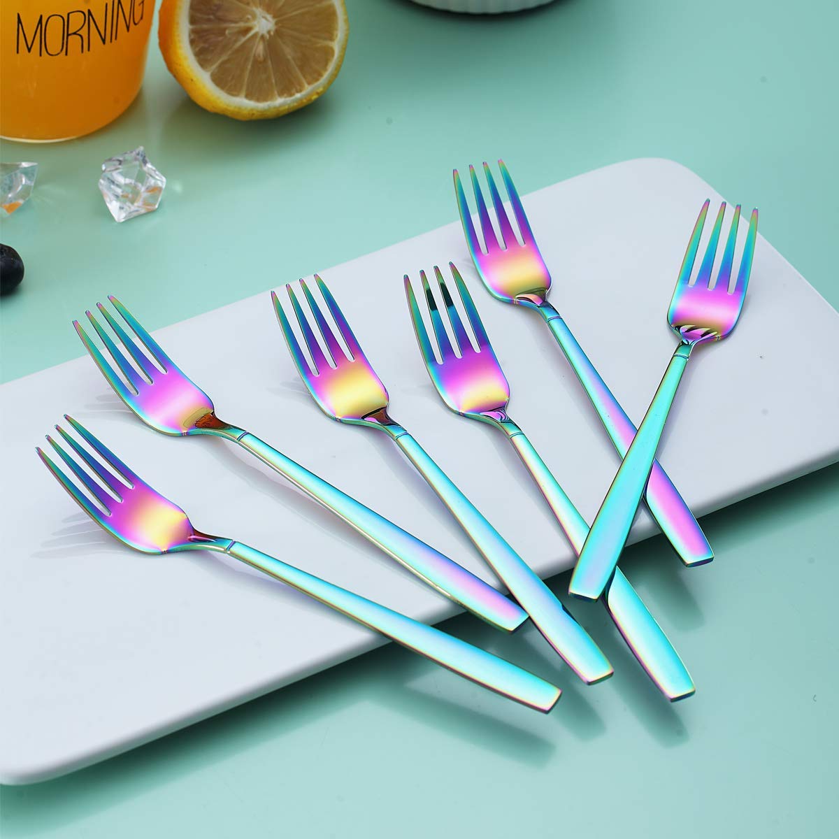 Berglander Rainbow Tea Fork, Stainless Steel Cake Fork Dessert Fork With Titanium Colorful Plating 6.5 Inches Forks Pack Of 6