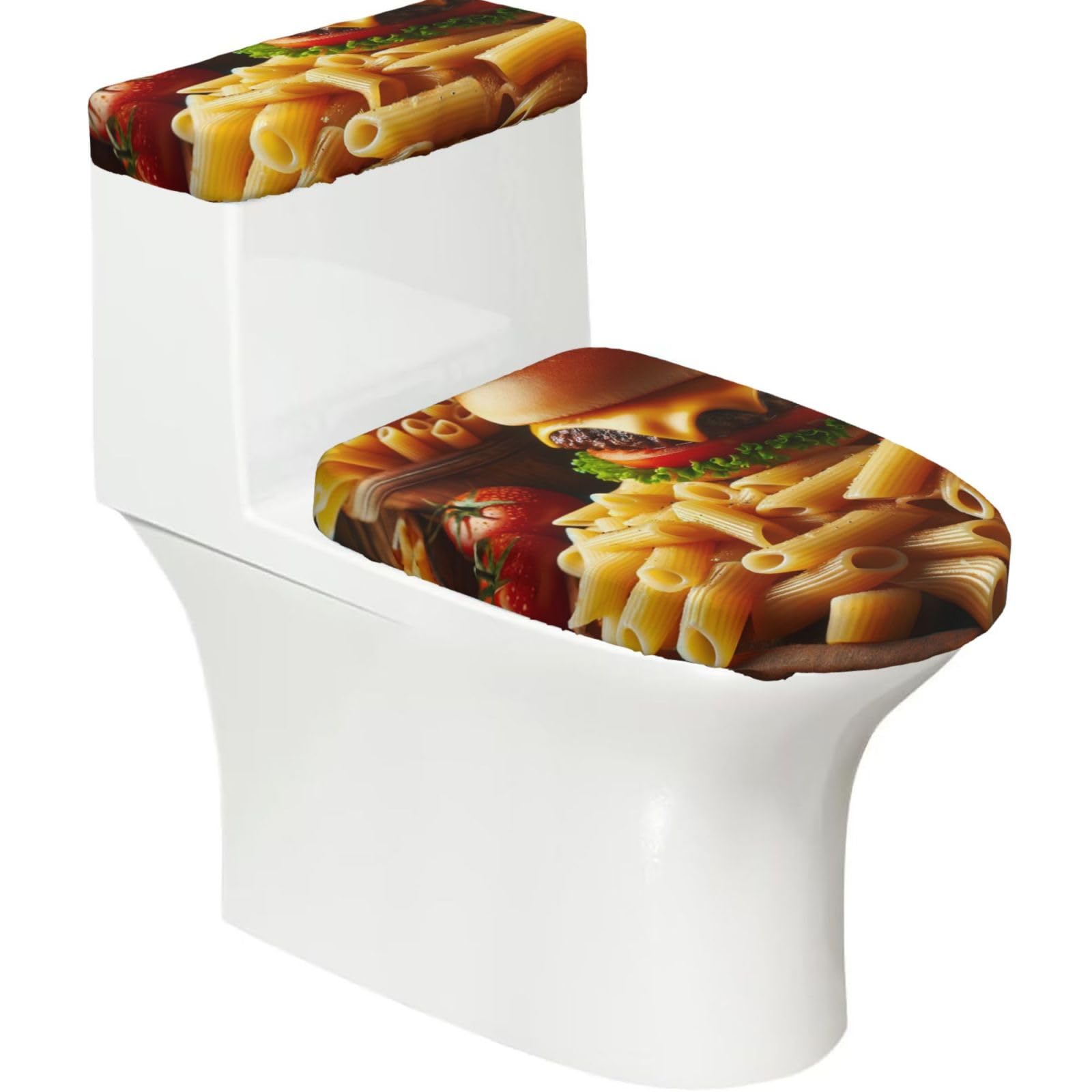 Hamburger-Cheese-Penne-Pasta Toilet Lid Cover And Tank Cover Set Of 2, Stretch Soft Reusable Bathroom Toilet Seat Covers