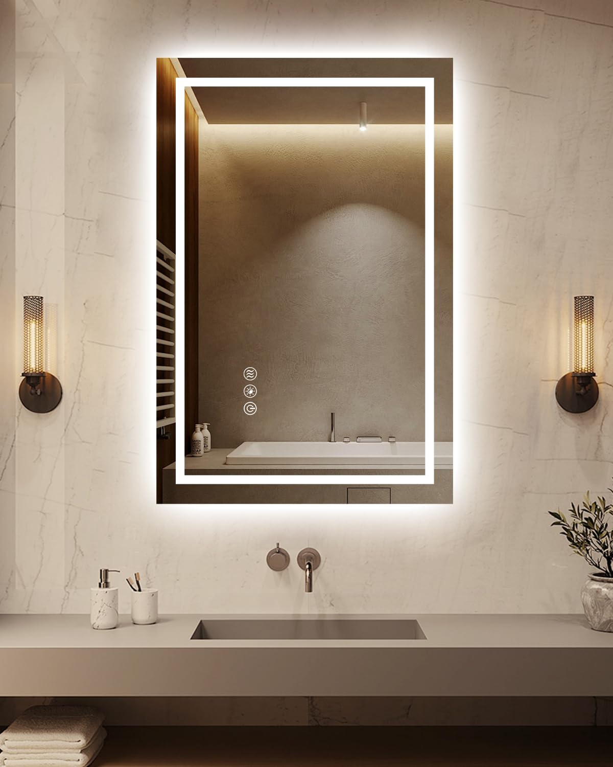 Oneup 16X24''Small Bathroom Mirror With Lights,Front Lighted Bathroom Mirror For Wall,Stepless Dimmable,Anti-Fog,Modern Led Vani