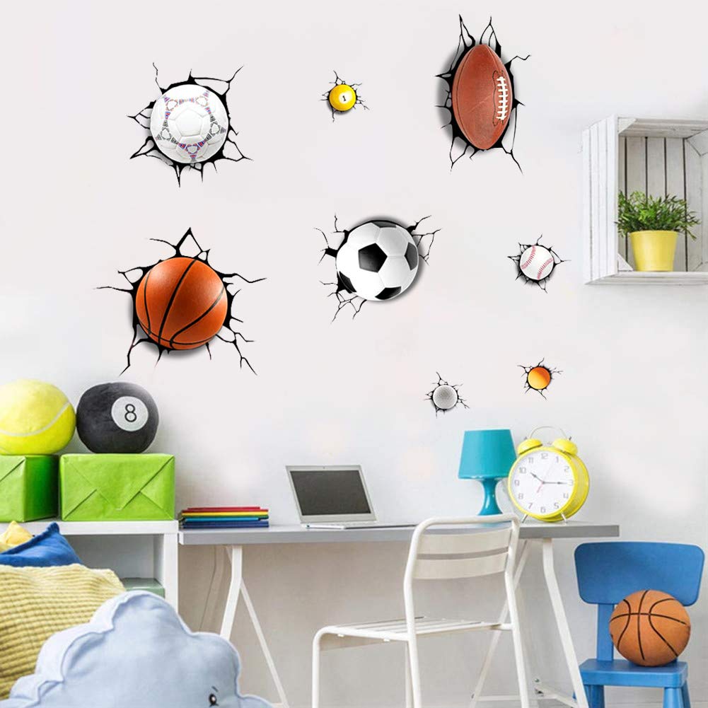 Supzone Sport Balls Wall Decals 3D Wall Stickers Break Through The Wall Removable Vinyl Diy Basketball Rugby Baseball Football W