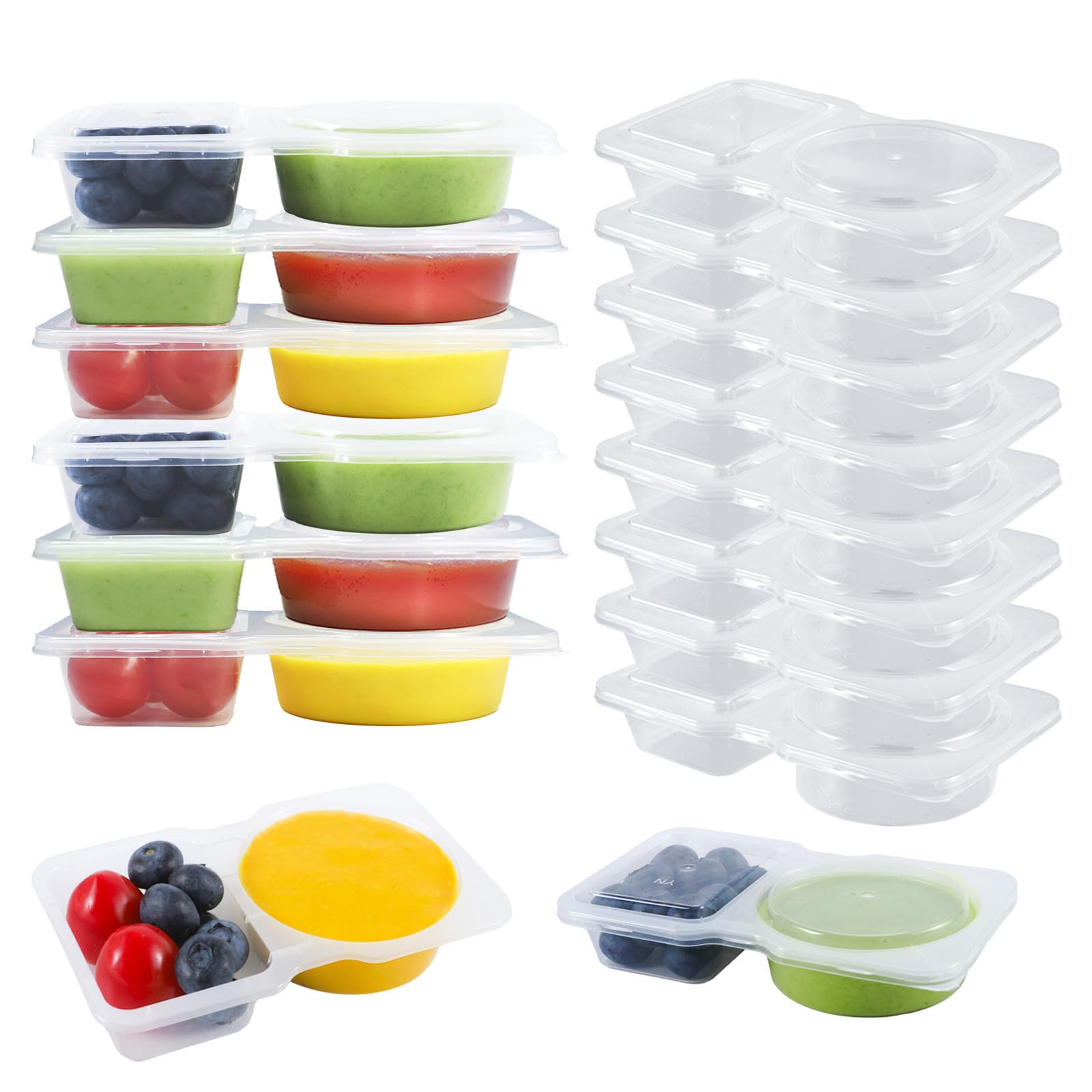 EIOFG Packaging 40 Pack 4.5 Oz Double Compartment Condiment Container With Lids, Disposable Sauce Container, Clear Plastic Snack