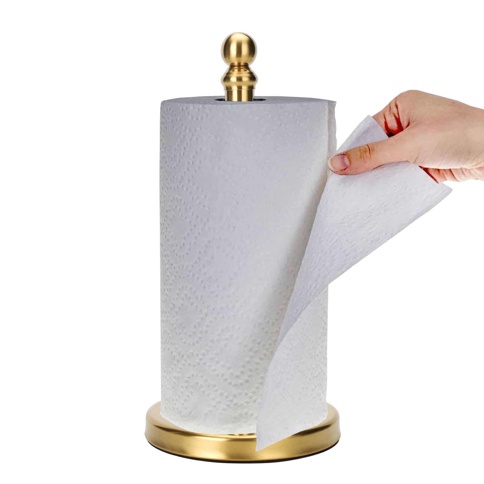 Gold Paper Towel Holder Countertop, Standing Paper Towel Roll Holder for Kitchen Bathroom, with Weighted Base for One-Handed Ope